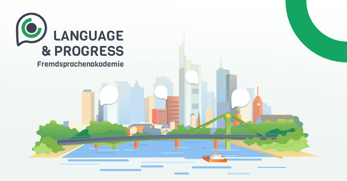 Language Progress logo i piękna panorama miasta
